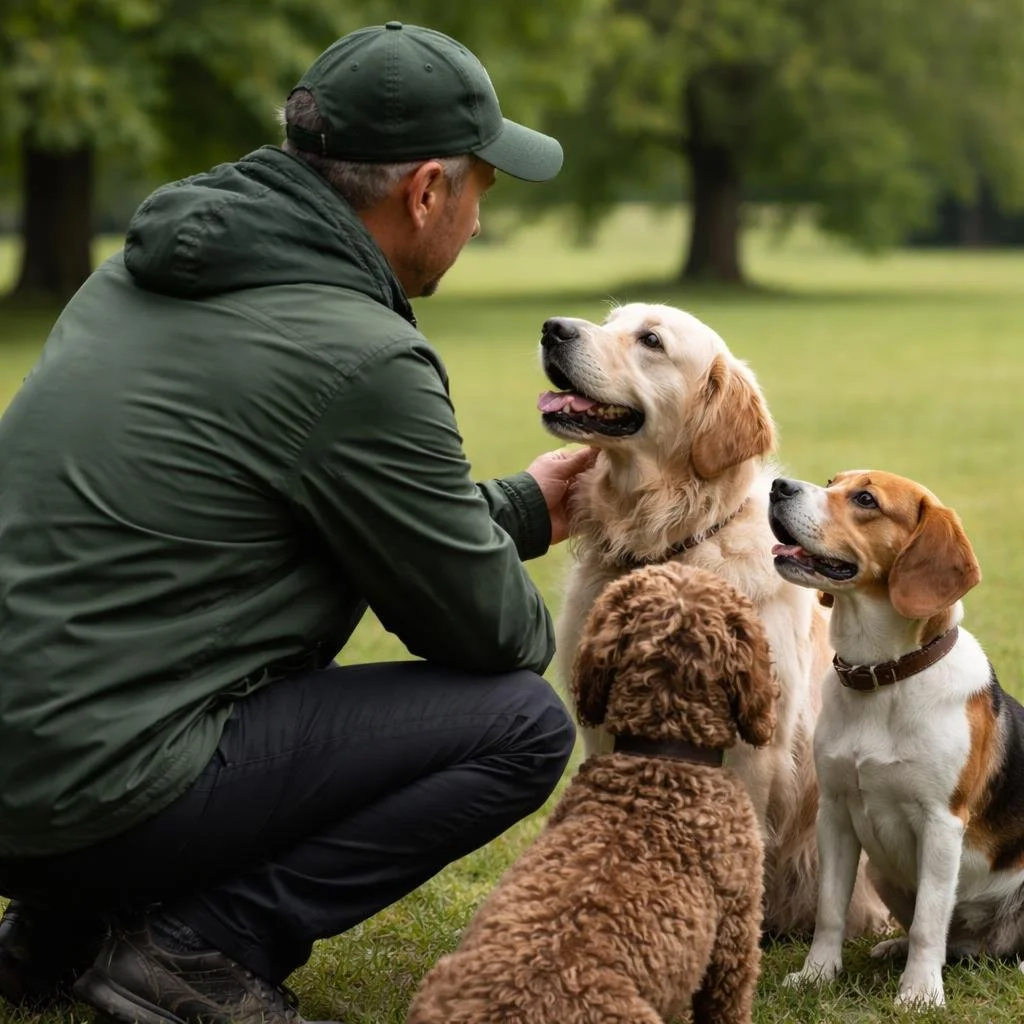 man squatting with dogs