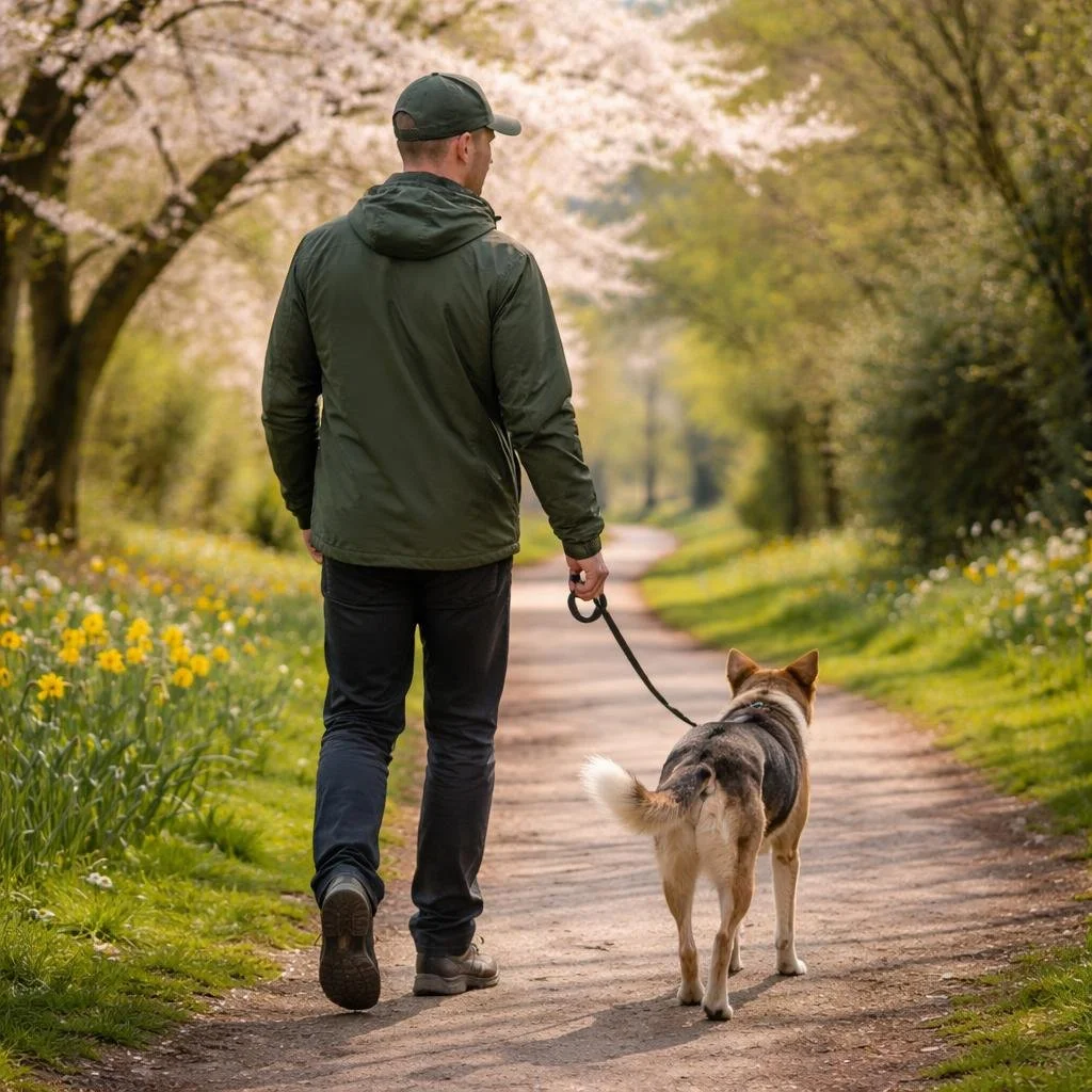 Dog walker in Radyr walking a dog along a spring path