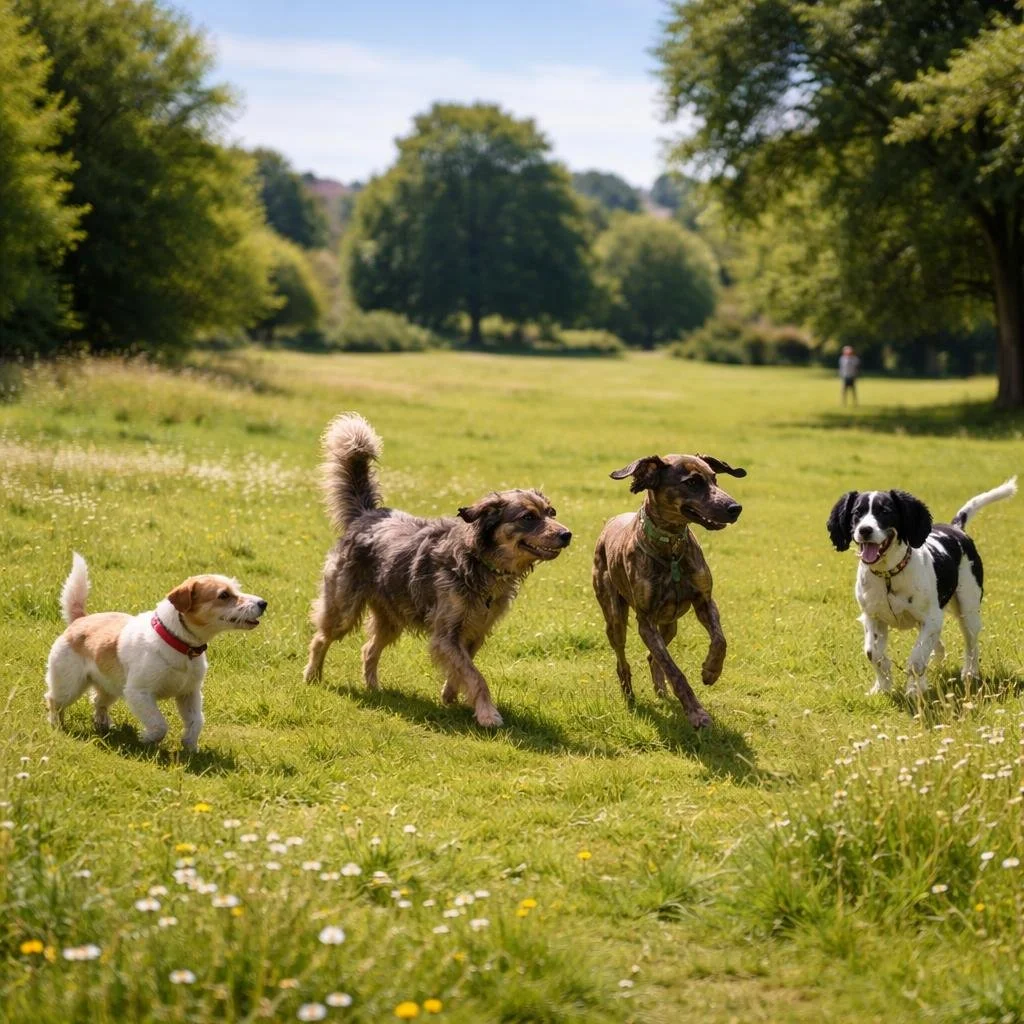 Dogs playing together in a sunny local park in Fairwater