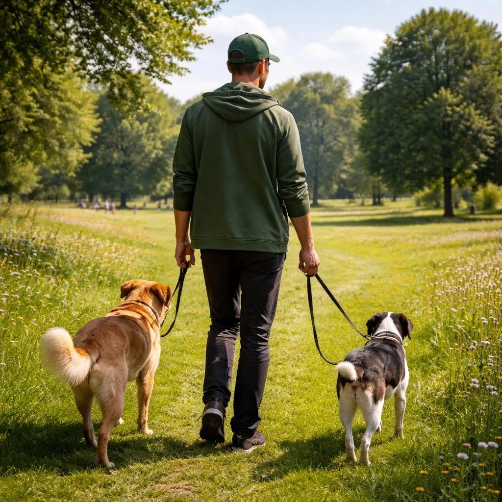 Dog walker in Fairwater walking two dogs in a sunny local park