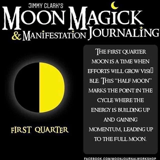 The first quarter moon is a time when efforts will grow visible. This &ldquo;half moon&rdquo; marks the point in the cycle where the energy is building up and gaining momentum, leading up to the full moon.
.
.
.
#jcmusicandwellness 
#moonmagickandman