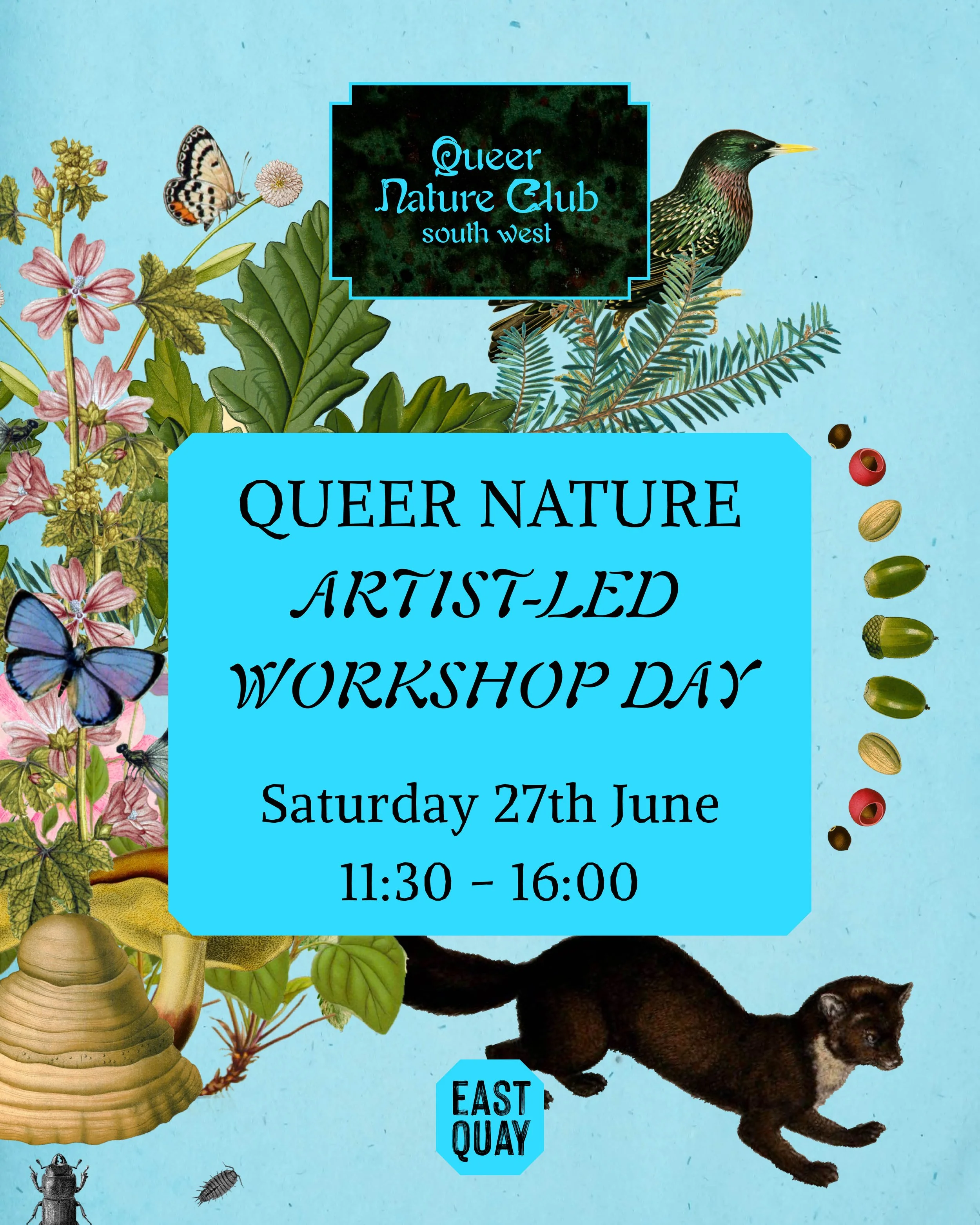 A flyer invitation to a Queer Nature, Artist-led, workshop day on Saturday 27th June, 11.30-16:00