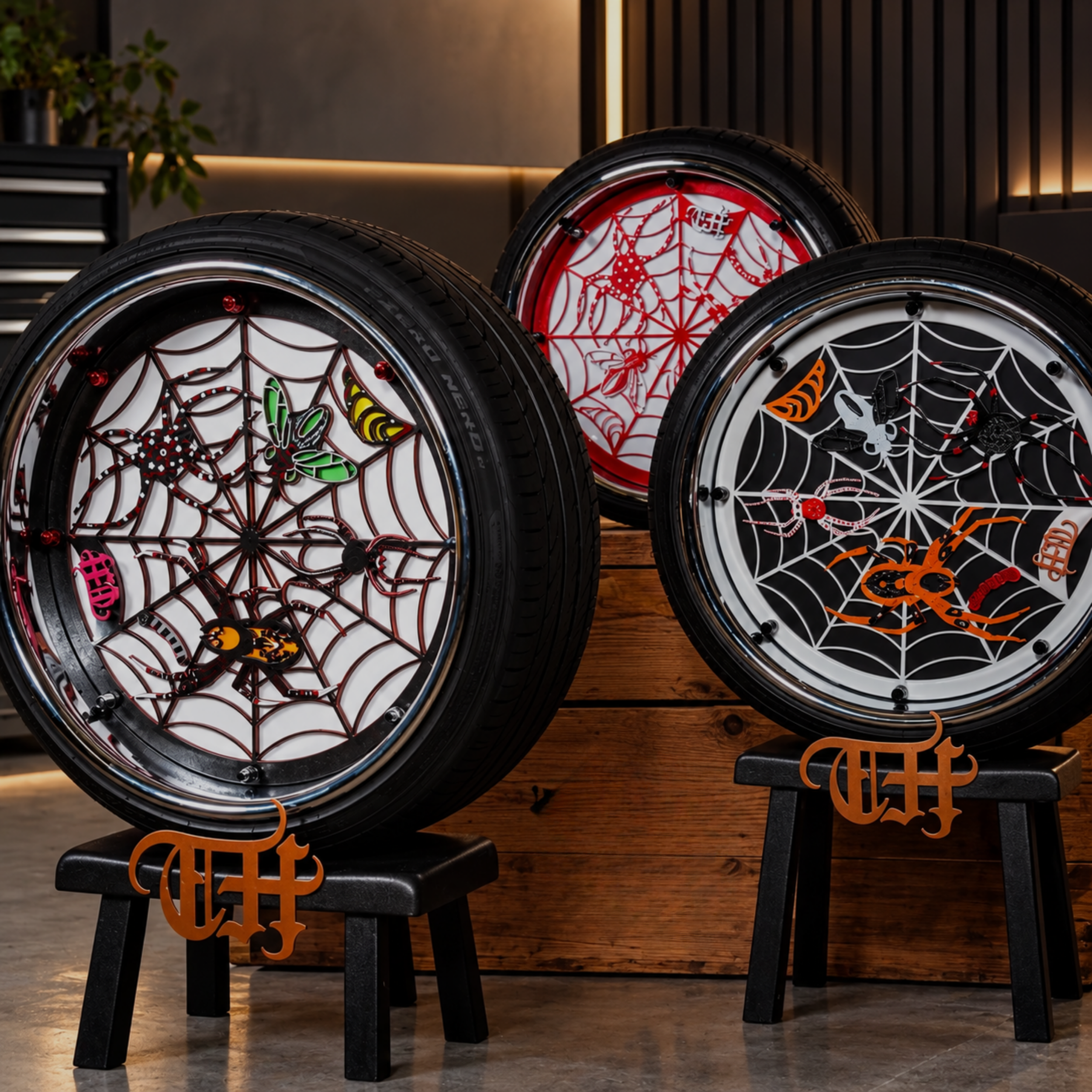 Three TireHyderz wheels with custom spider web face plates