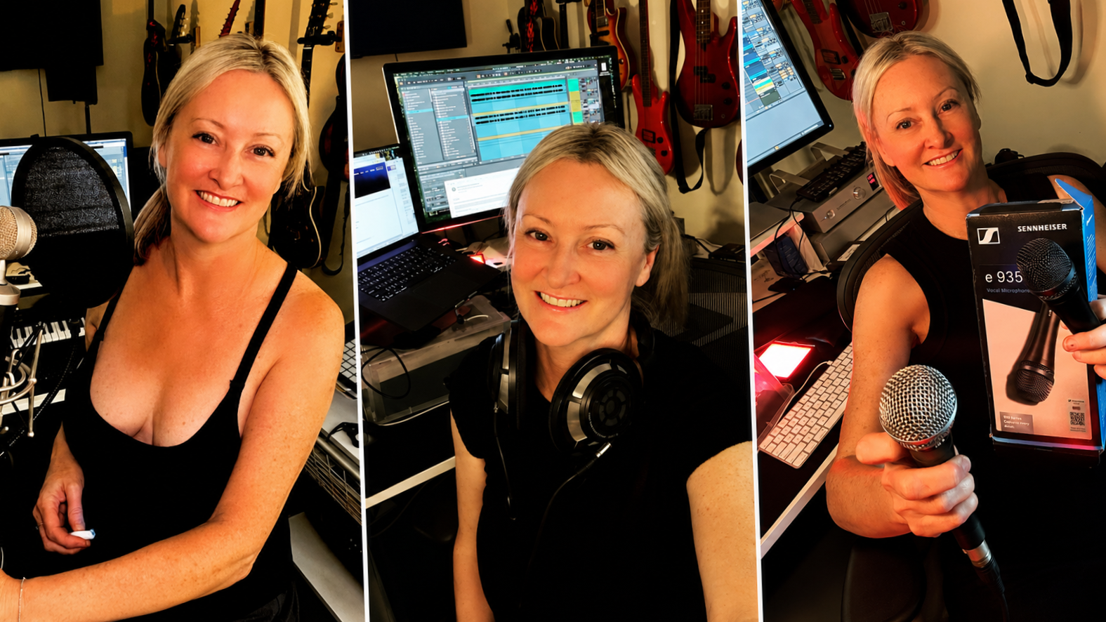 A woman with short blonde hair, wearing a black tank top, smiles while sitting in a music studio with microphones and guitars hanging on the wall. In the second image, she is in front of a computer with music production software open. In the third image, she holds a microphone and a box for a Sennheiser e935 vocal microphone, smiling at the camera.