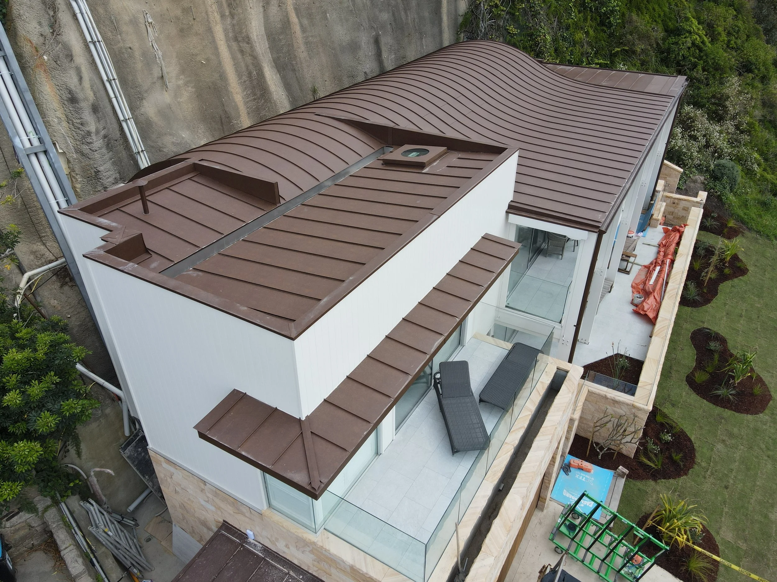 Vesits aged copper standing seam curved roof Northern Beaches