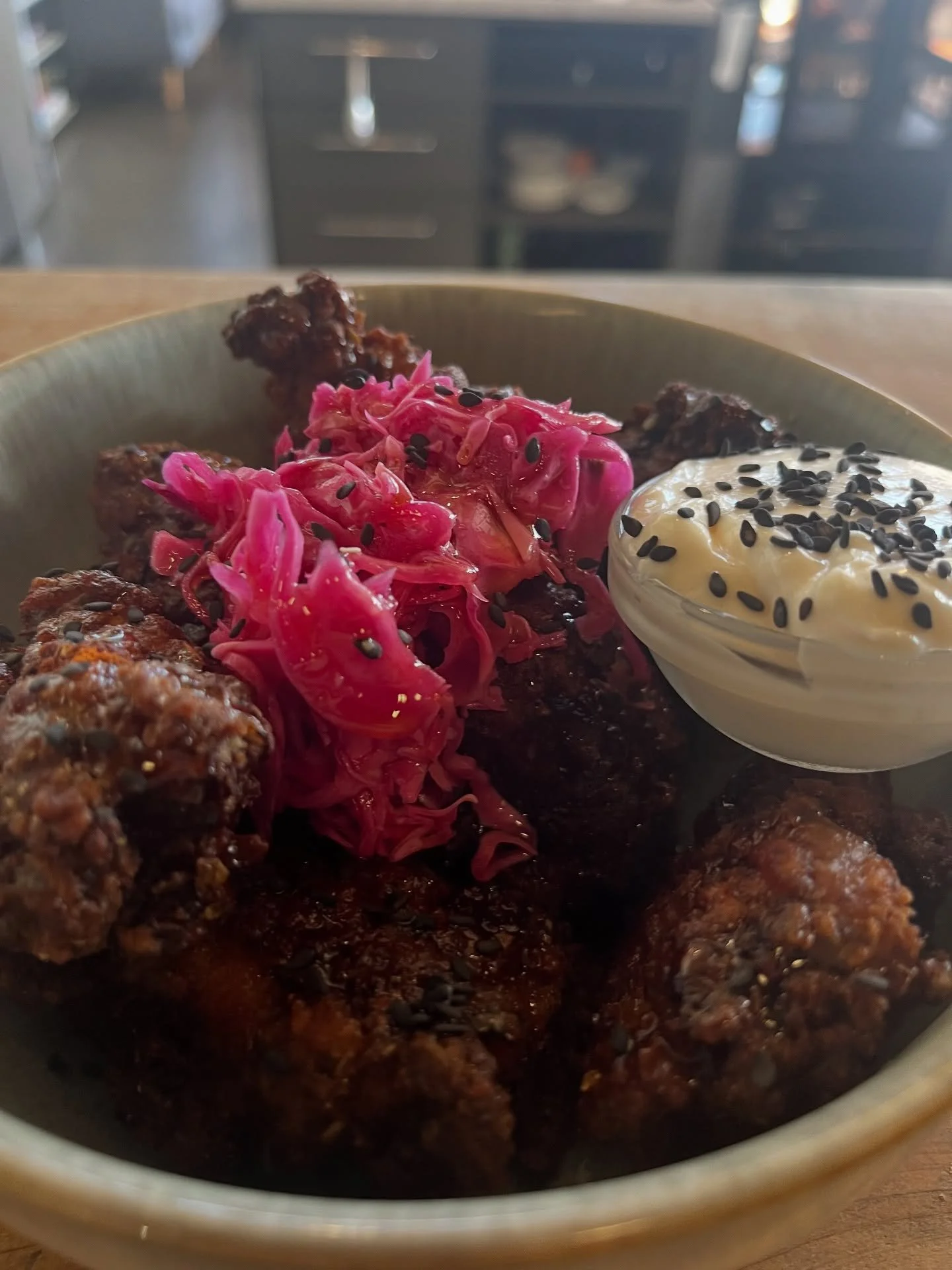 Buttermilk fried chicken with sriracha maple, aioli &amp; pickled cabbage