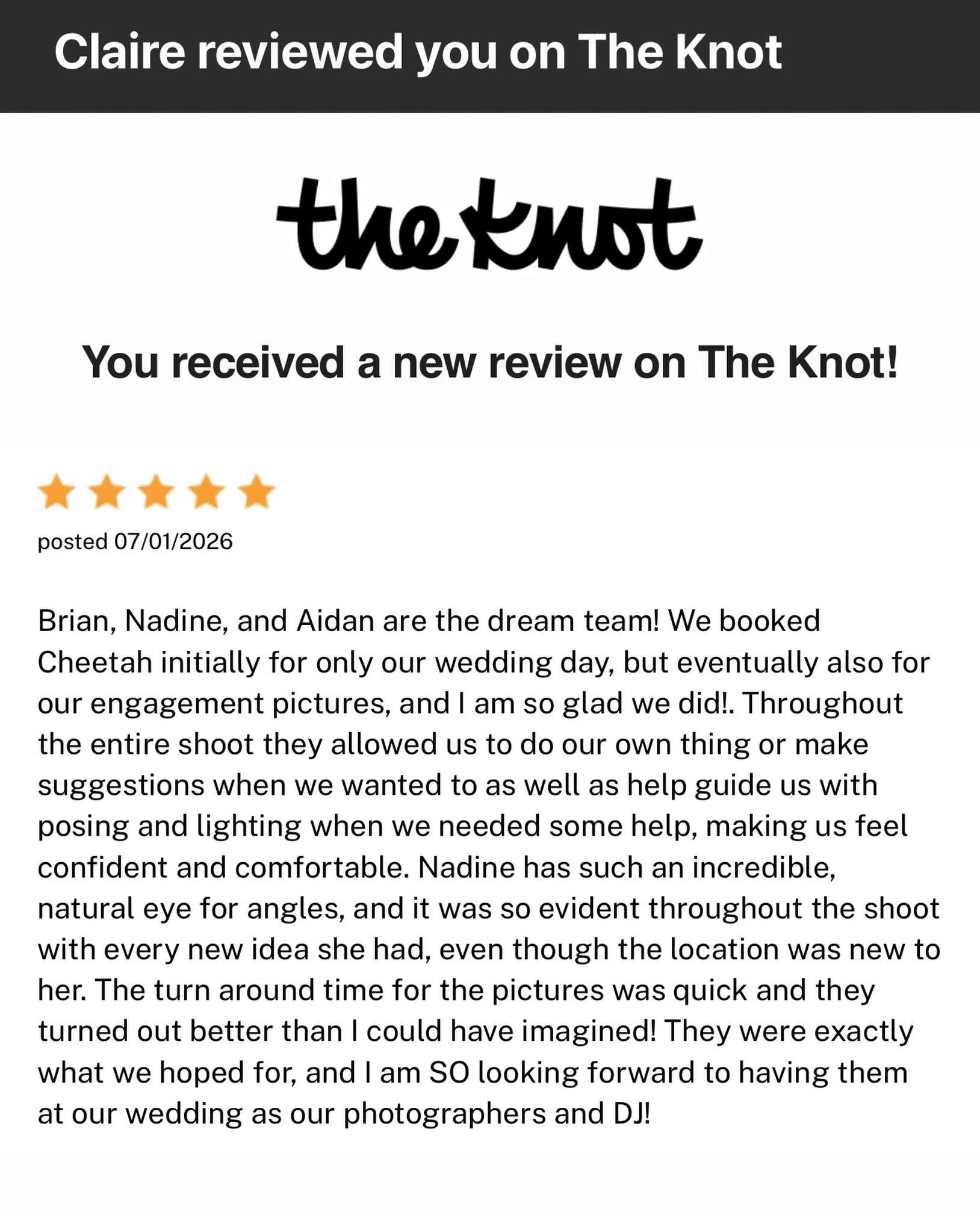 ✨ Client love like this means the world to us! ✨

We&rsquo;re so grateful that Claire and Will trusted us with their engagement session, and reading kind words like these is exactly why we love what we do. 🤍📸

Creating a space where couples feel co