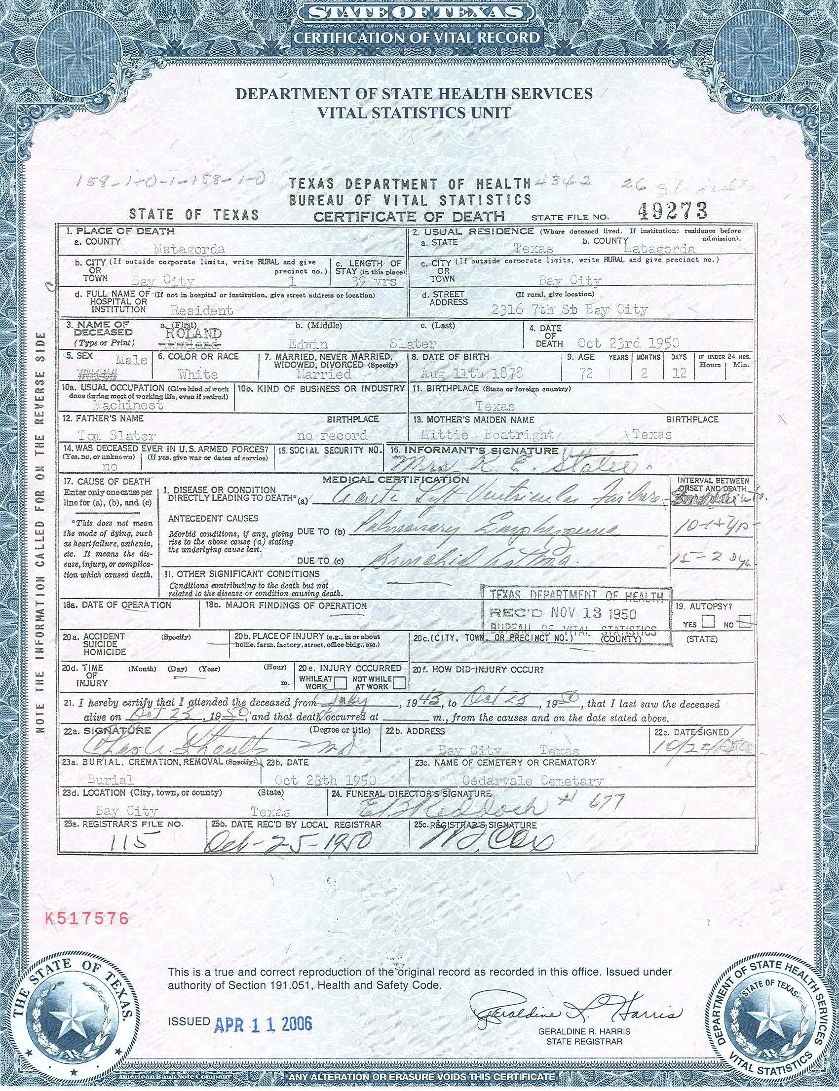 Death Certificate Texas Tutoreorg Master Of Documents