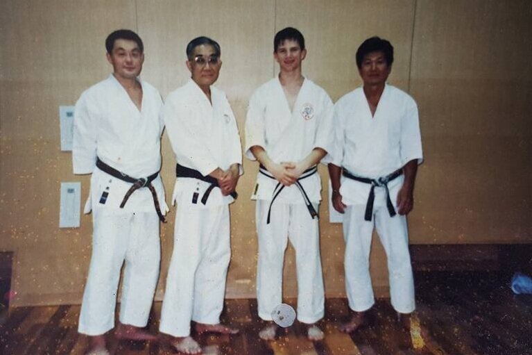 16 year old Peter Zarb with Ohtsuka Tadahiko Osensei and his senior goju ryu karate students