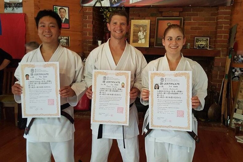 Mathew Tan 4th dan, Peter Zarb 5th dan, Emilia Borkowski 3rd dan graded in goju ryu karate