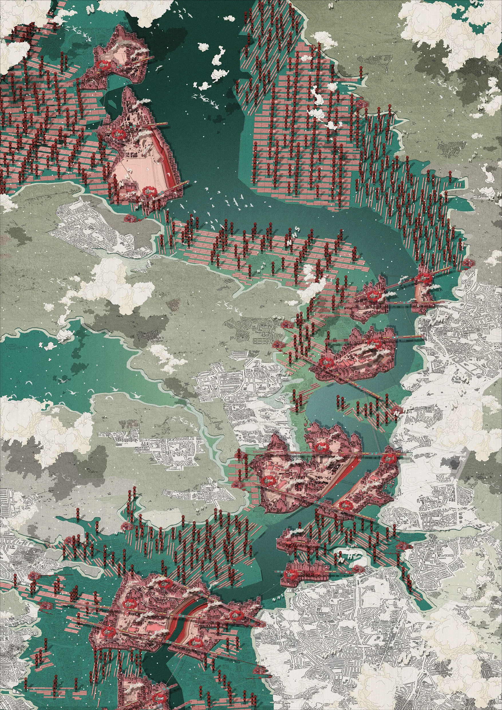Masterplan Isometric. View looking East along the sea level rise inundated Thames Estuary populated with Labour Citadels.