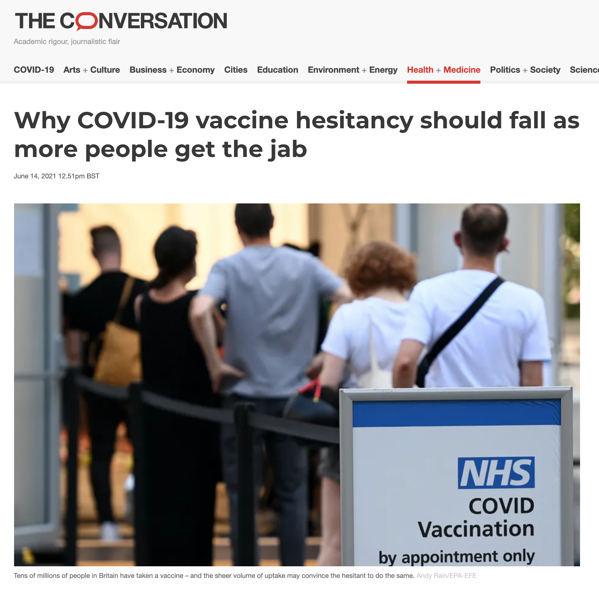 Why Covid-19 Vaccine Hesitancy Should Fall as More People Get the Jab - (new piece in The Conversation)