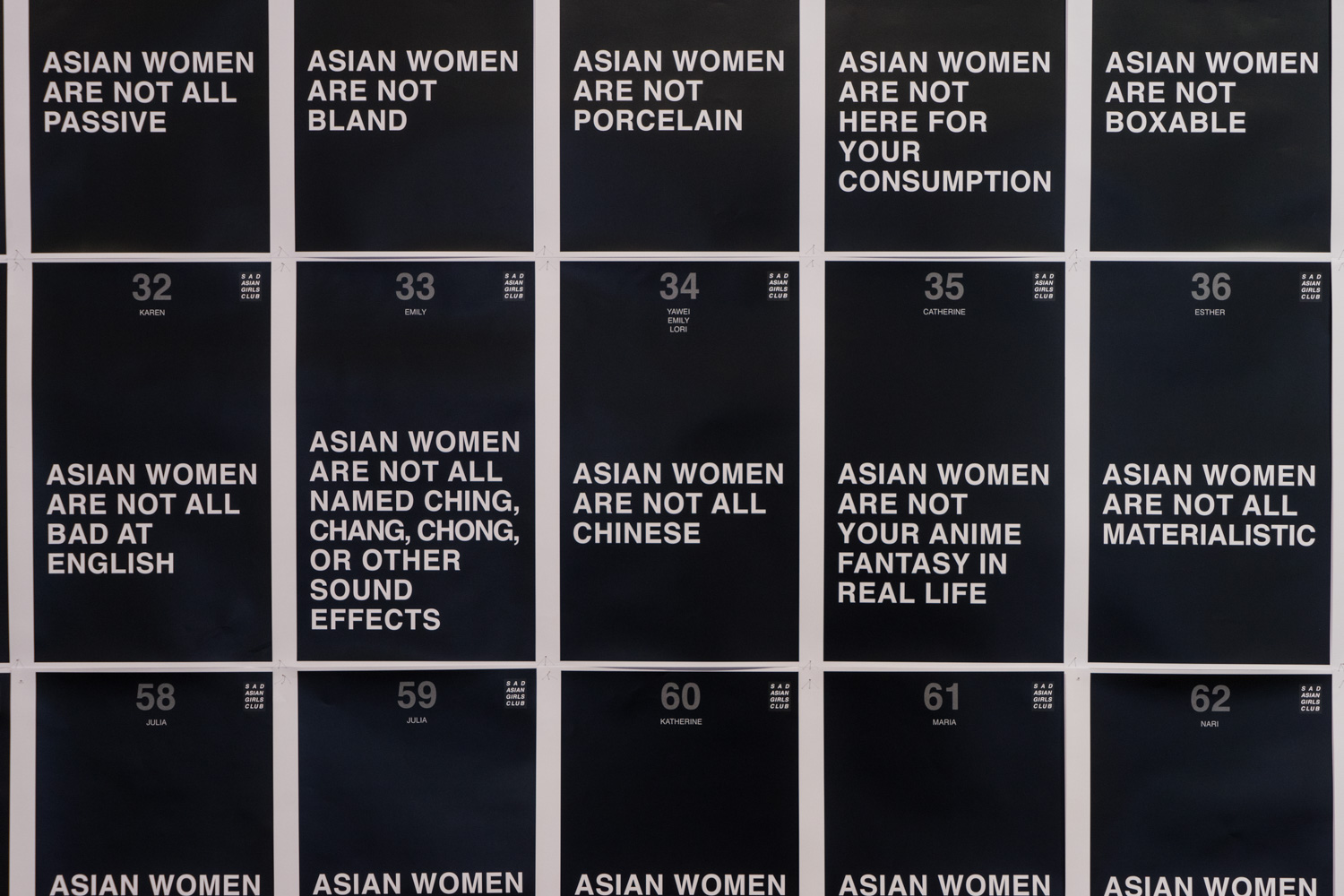  Detail, Sad Asian Girls (Esther Fan and Olivia Park),  Asian Women Are Not , 2016, printed posters, installation view,  Disobedient Daughters,  2018, Metro Arts, Brisbane. Photo: Louis Lim. 