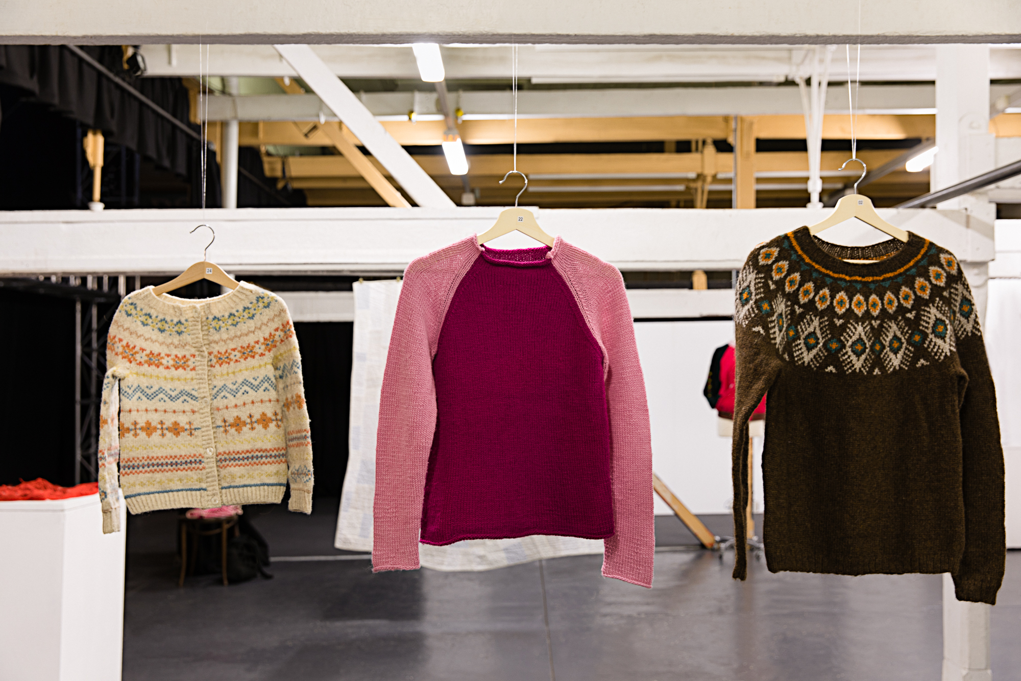 Hand-knitted garments, Installation view, Handle With Care, 2018, Soul Craft Festival, Melbourne. Photo courtesy Soul Craft Festival.