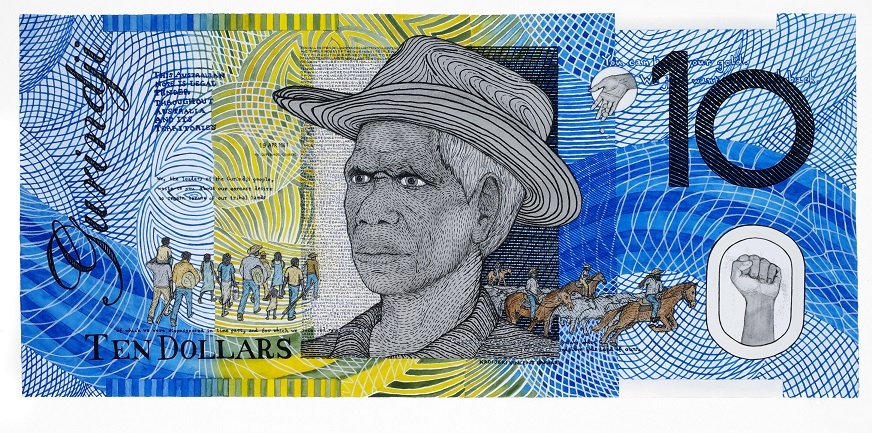  Ryan Presley, ‘ Blood Money – Ten Dollar Note – Vincent Lingiari Commemorative’, &nbsp;2011, watercolour on archers paper, 75 x 100 cm, Murdoch University Art Collection 