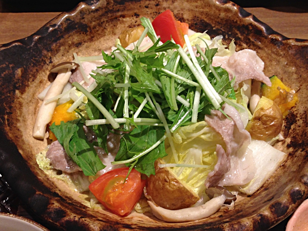 Dish: Pork and autumn vegetables with Ponzu-Citrus sauce, served with miso soup, pickles and rice.