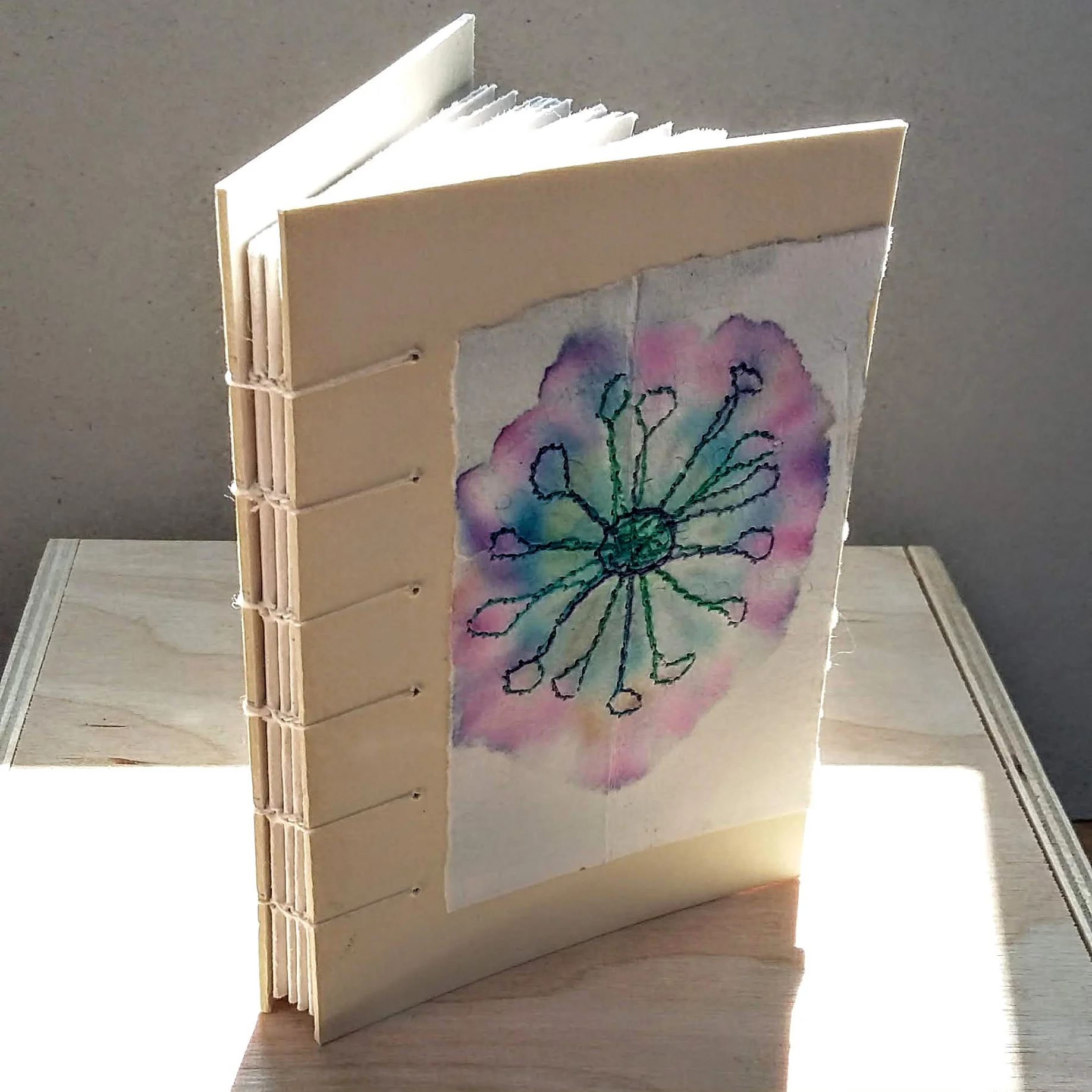 Flower coptic spine book. 8 x 11.5 cm. 64 sides 32 pages. £14 plus p&p