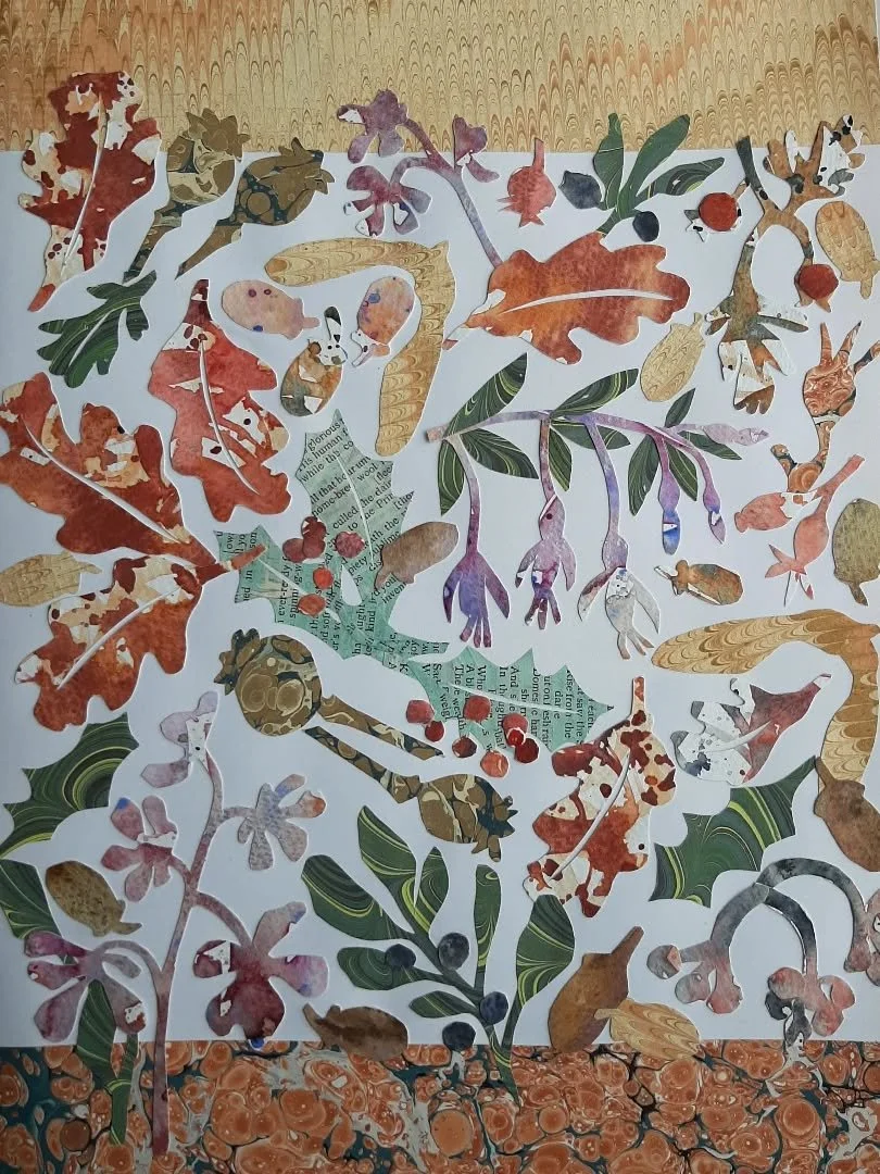 Nothing new to show so I can't resist sharing this #AutumnCollage again. 
Leaves handcut with scissors ✂️ from marbled papers and painted papers. 
My favourite time of year when it's cold and sunny and the trees 🌳 put on their best show. 
Welcome Au