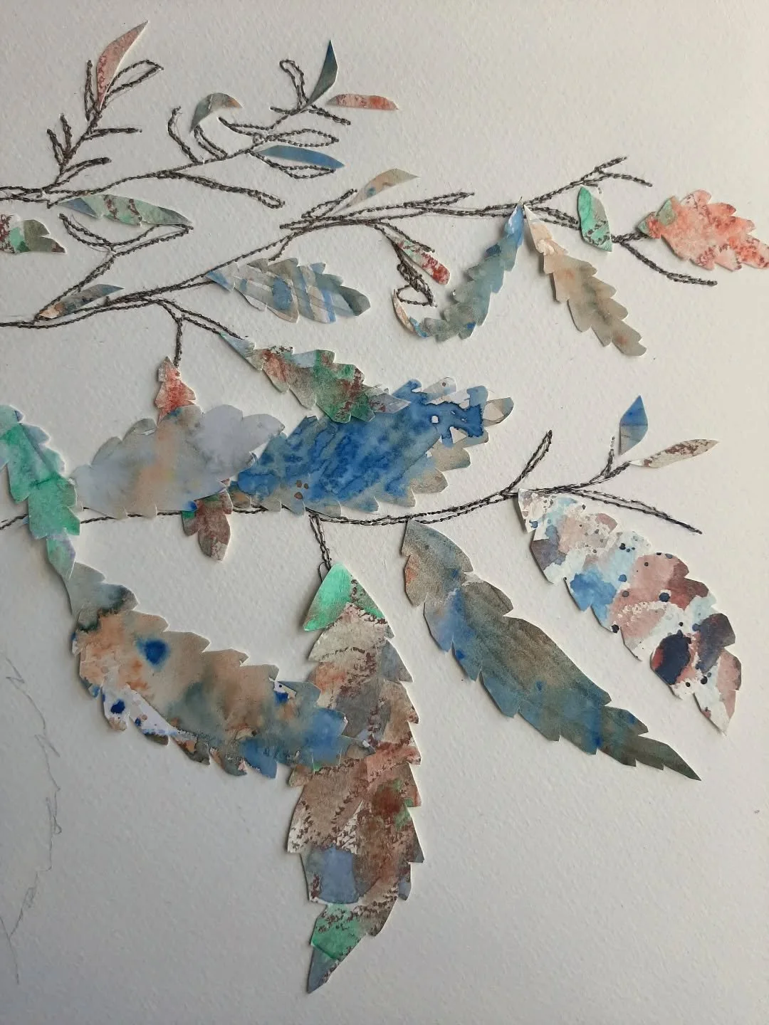 #WorkInProgress 
It feels like ages since I've had time to sit and create something new. And this has been in mind for a while. I did 3 small versions of these leafy branches in the #100DayProject this year. And here's something a bit bigger. 
#Mixed