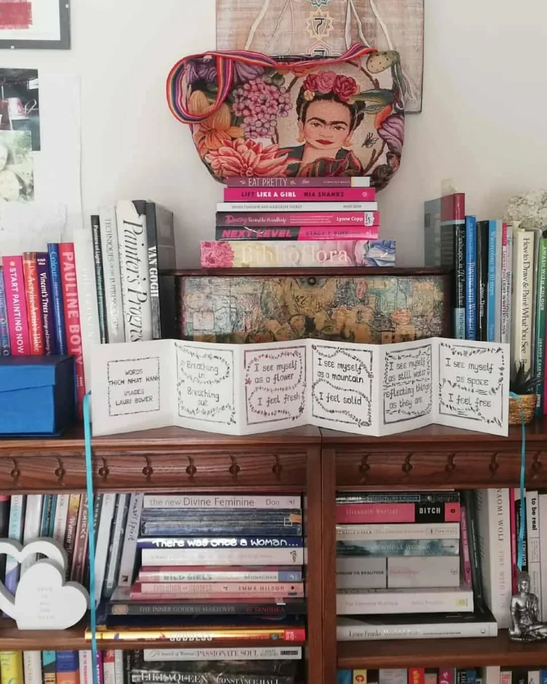 Look at these bookshelves of deliciousness with my #MeditationBooklet centre stage. 
Thank you to Sharon my lovely customer for sharing the photo and letting me share it.
More of these will be available at @bostonspaartscraftsfestival this coming wee