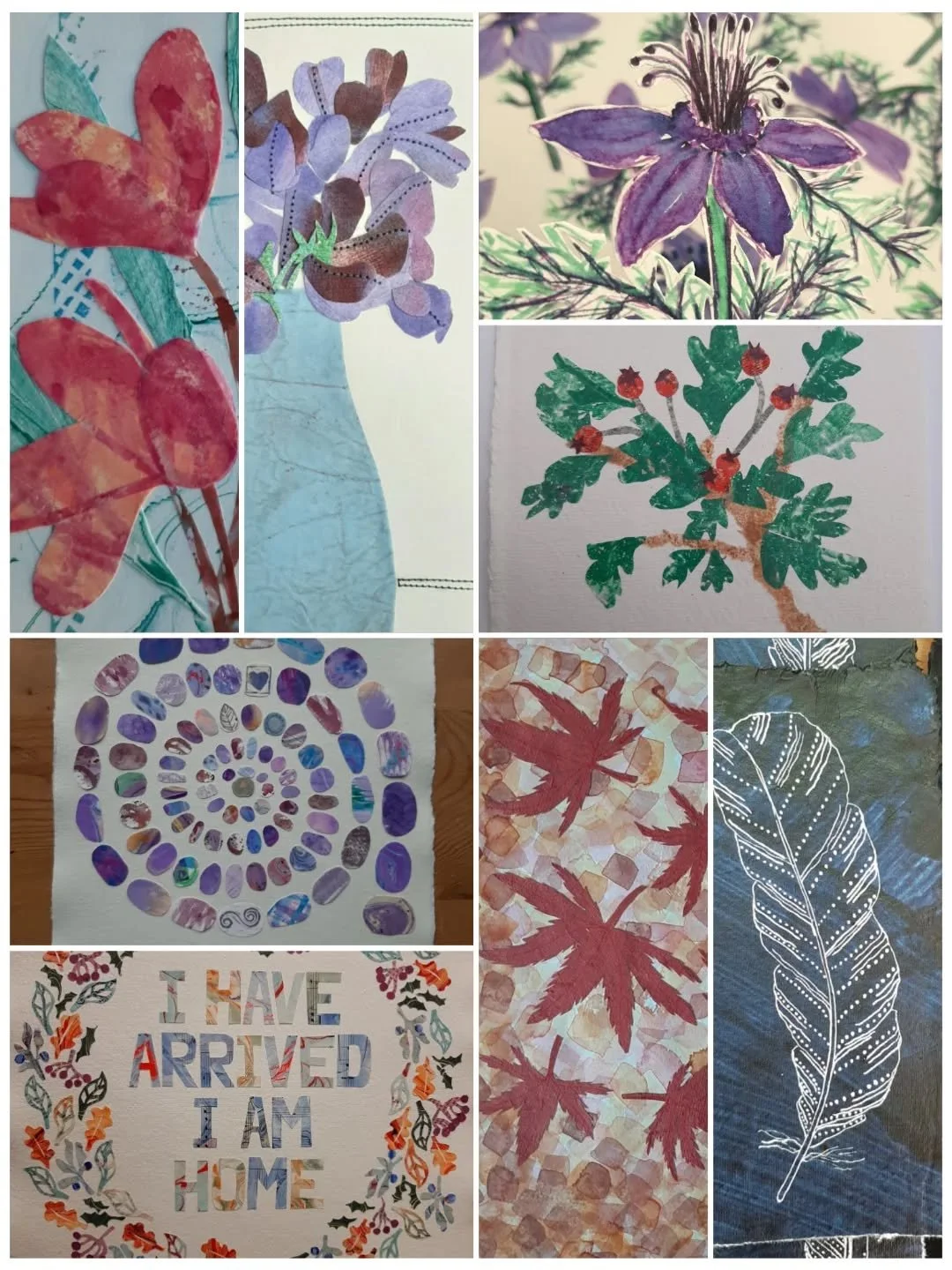 Here's another collection of treats to tempt you along to @craftsinthepen THIS WEEKEND.
This is to give you an idea of the themes my #PaperCollages cover. 
All inspired by nature. 
#Florals #LeavesAndBerries #Spirals #Feathers #InspirationalWords #Ch