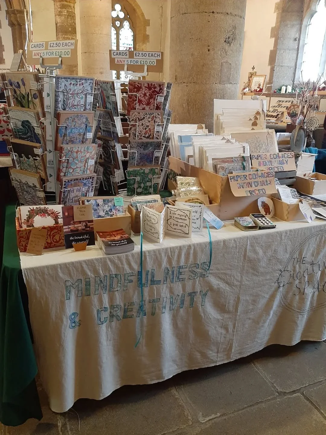 All set up and ready to go here in All Saints Church Bramham. Open 11am to 3pm. Come on down! 
Santa's here! 🎅 
Drinks and cakes 🍵 🥮 available. 
It's lovely and warm!
Lots of lovely stalls to check out. 

#TheCreativeSpace #MindfulnessAndCreativit
