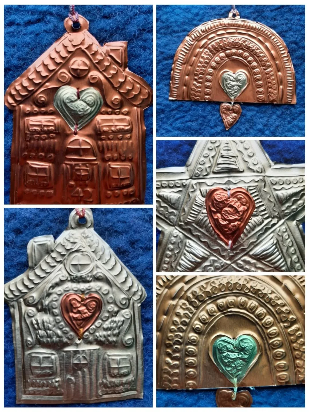 More playing with embossing tin foil decorations. I have gold and copper and really like the effect of adding one on top of the other. I've sewn the hearts in place with a fine needle and thread 🪡
Not sure why one of them looks green 🤔 it isn't! 😄