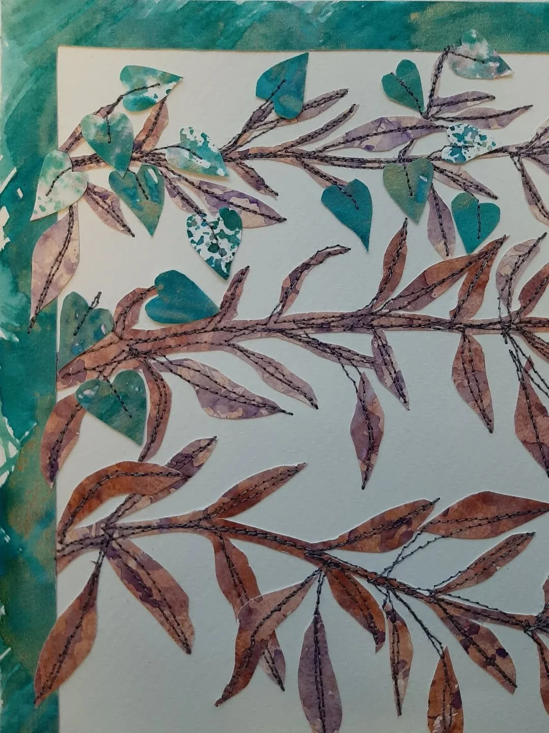 #WorkInProgress 
Sewing leafy hearts onto brown branches. 
I do like the effect of sewing on paper, it adds such a lovely extra dimension. 

Now I'm heading into Wetherby to put up the tracking system at @wetherbyframing Art Gallery. 
It's all go for