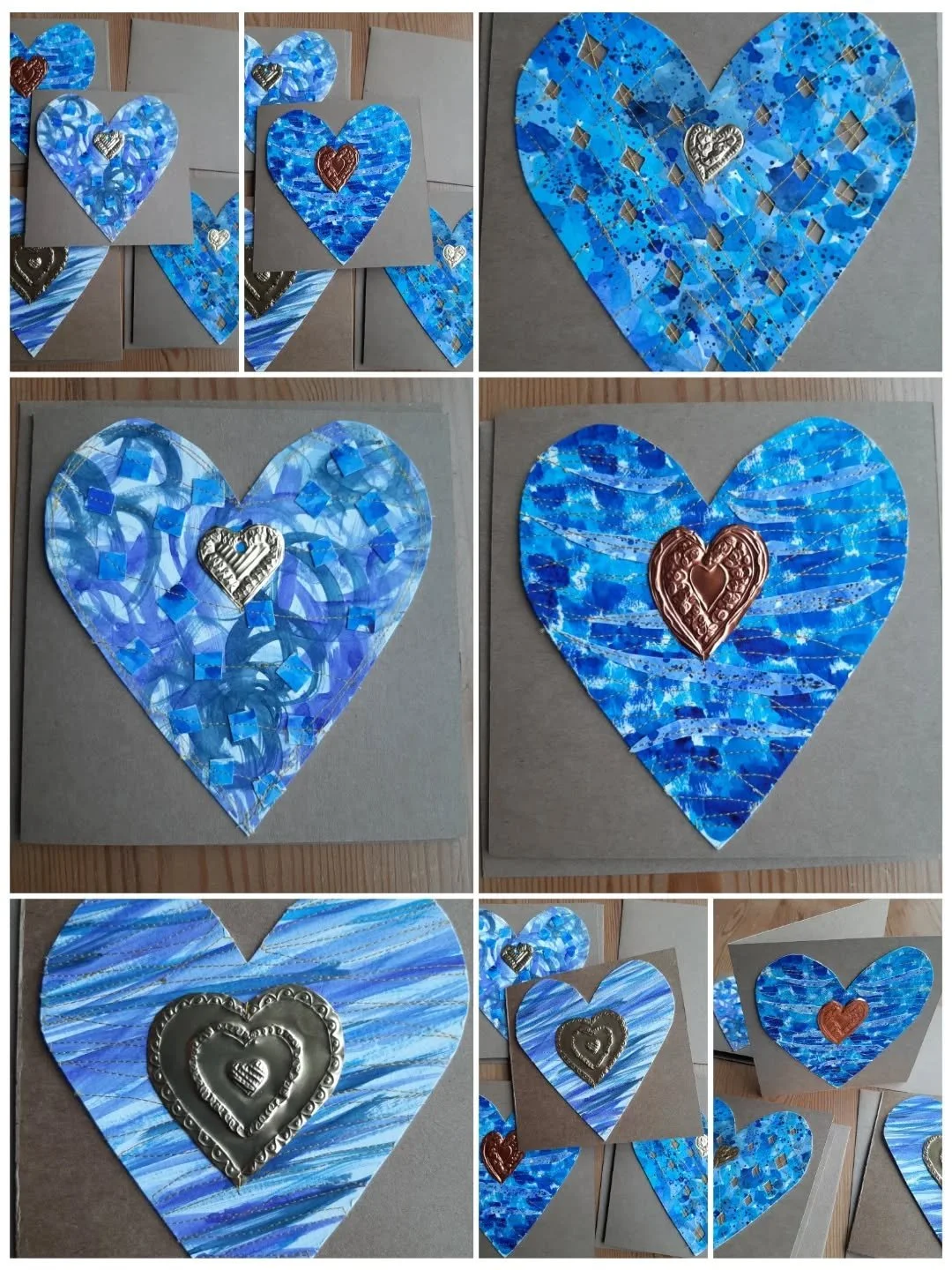 Who says love hearts have to be red? 
Blue and gold 💙 for me every time! 
These are 4 handmade mixed media cards for the love of your life. 
Each one is unique. 
Hand painted paper embellished with gold thread and topped with a gold or copper emboss