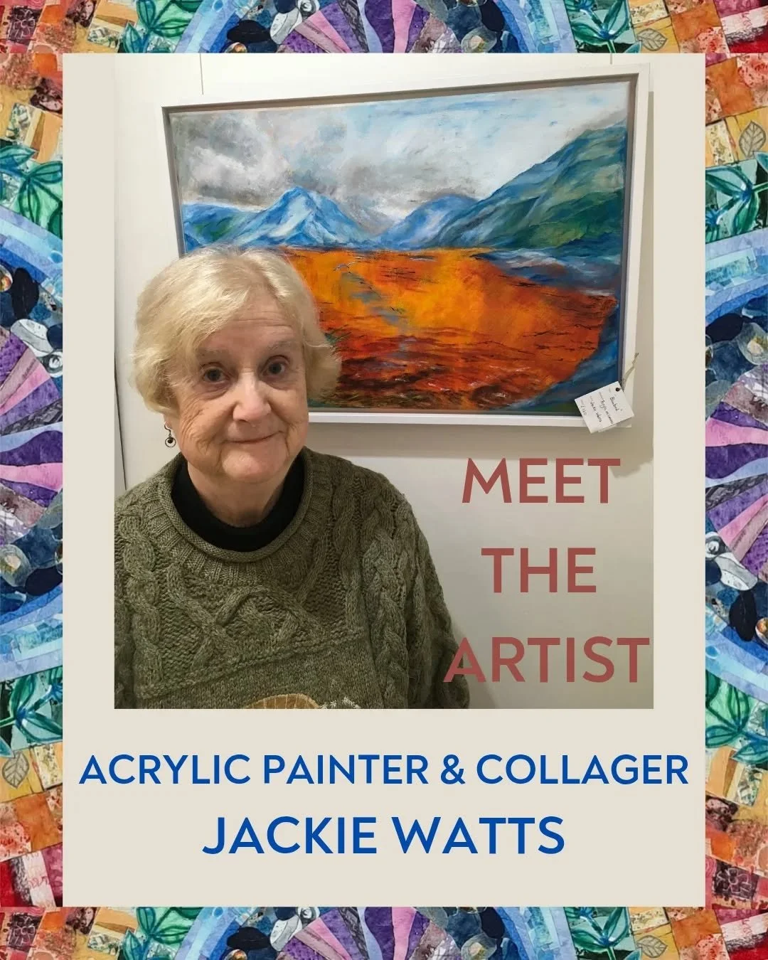 Meet one of the artists in our @Colour exhibition @jackiewattsartist 
Jackie is a mixed media artist using acrylics and oil paints combined with collage materials to create her vibrant and colourful paintings. 
Her garden and the natural world are in