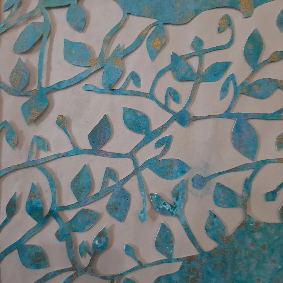 #WorkInProgress that may get finished while I'm at #WetherbyGallery today. 
It's going to have clematis flowers added to it, swipe to see. 
It was a random piece of painted paper but as I cut it out I realised it looks like verdigris and I love it! 
