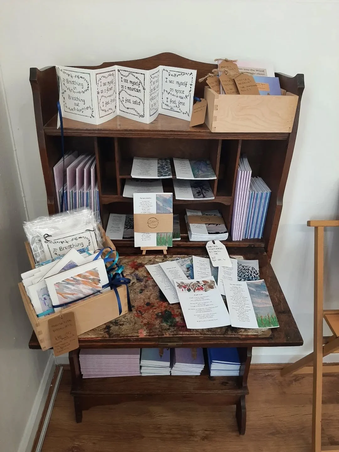 I brought my Nannan's old writing desk into #WetherbyGallery as a prop to display my poetry booklets, postcards and meditation booklets for the #Words exhibition. Come and have a browse! 
We have comfy sofas for you to rest on while you browse the bo