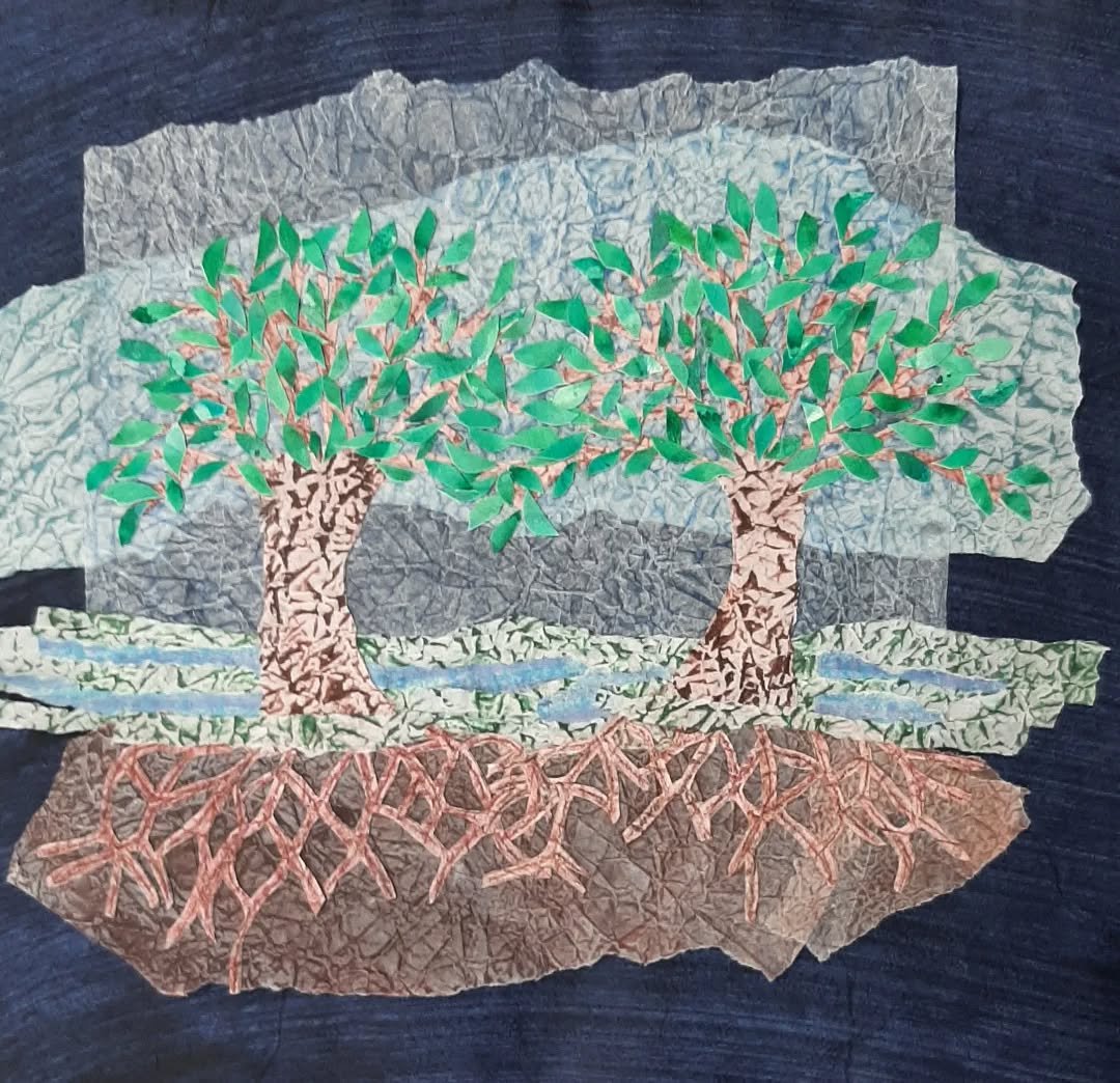 A collage inspired by sitting among the Bluebells on a hike during the silent retreat at @beingpeaceuk 

Notice how the trees grow apart from each other 
taking their own space. 
Yet at their invisible roots and 
sunny canopy they intermingle 
and ar