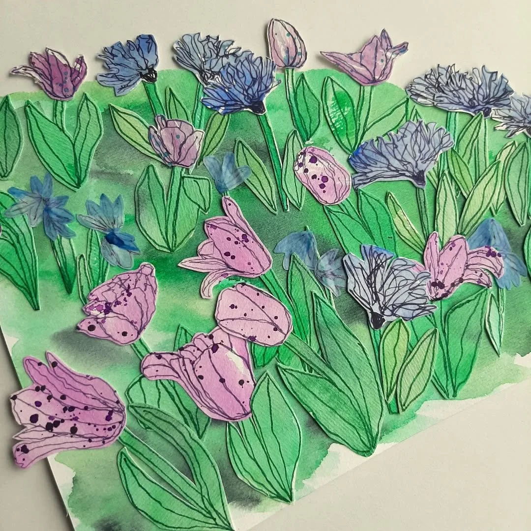 A new #PaperCollage inspired by the Tulips 🌷 Cornflowers and Bluebells in my garden. 
The unusual shape of the backing paper was dictated by the colours of the painted paper. I like it! 

#TheCreativeSpace #MindfulnessAndCreativity #InMyGarden #Spri