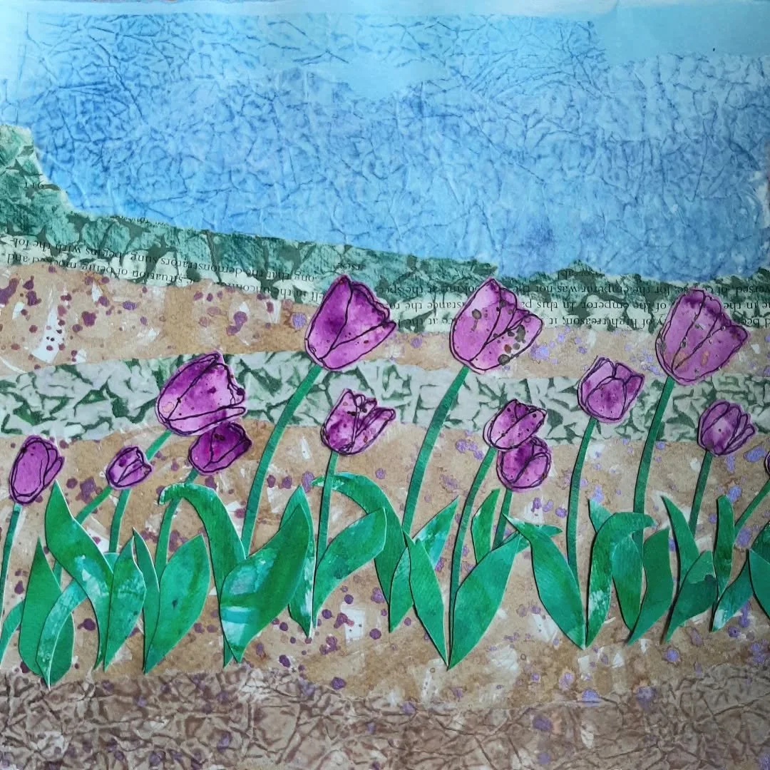 Realised I haven't shared this paper collage created from my recent visit to @theflowerbelt to pick #Tulips
It's such a beautiful setting with the rolling Howardian hills as a backdrop. Of course the tulips 🌷 have finished now but go and visit in th