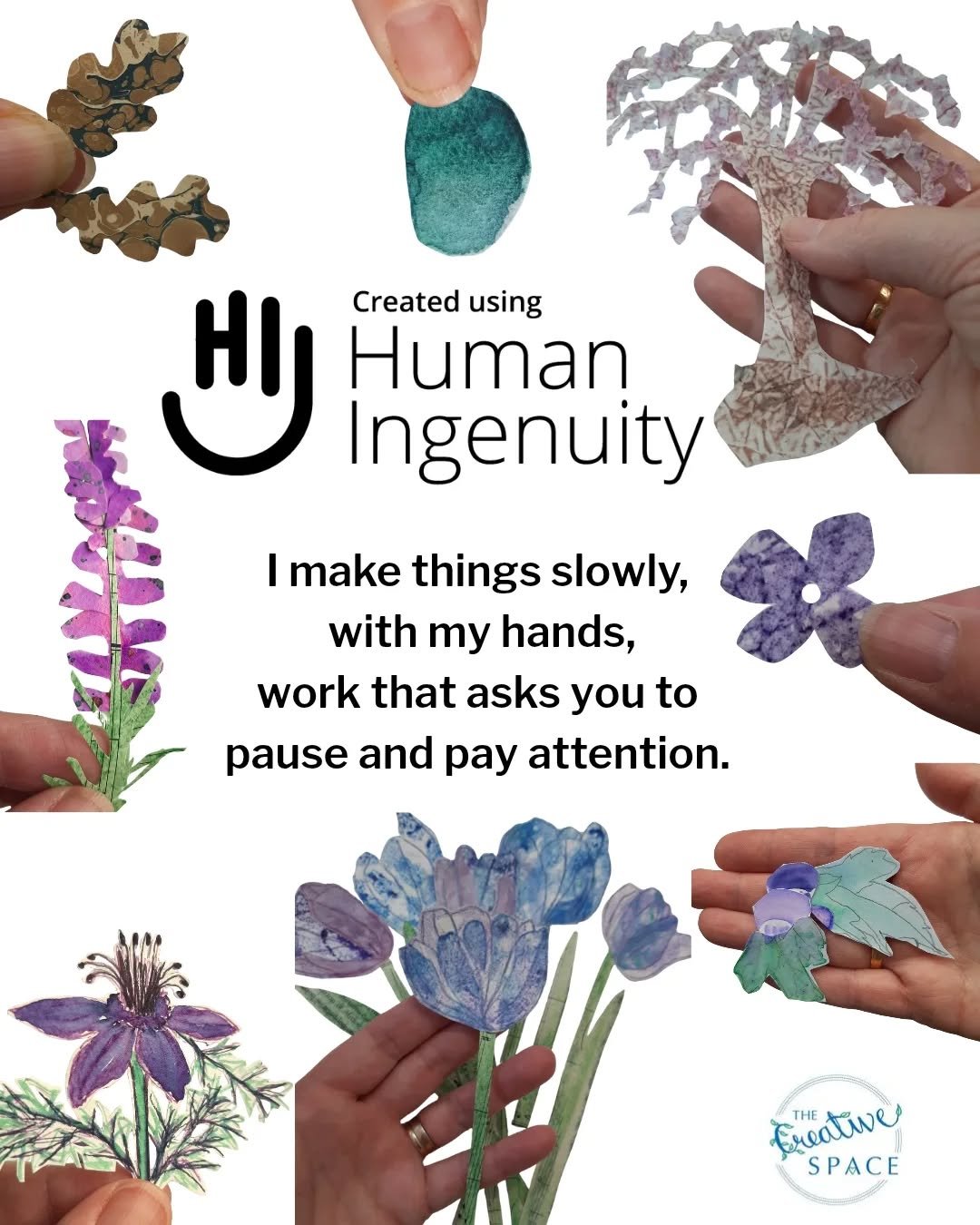 #HiFromAHuman 👋 
@hi_from_a_human (please check out this wonderful account).
I make things slowly 🐌 😌 with my hands ✋ 
I create work mindfully that asks you to pause and pay attention. 
My tools are #PaperScissorsGlue 
Painted papers from my stash