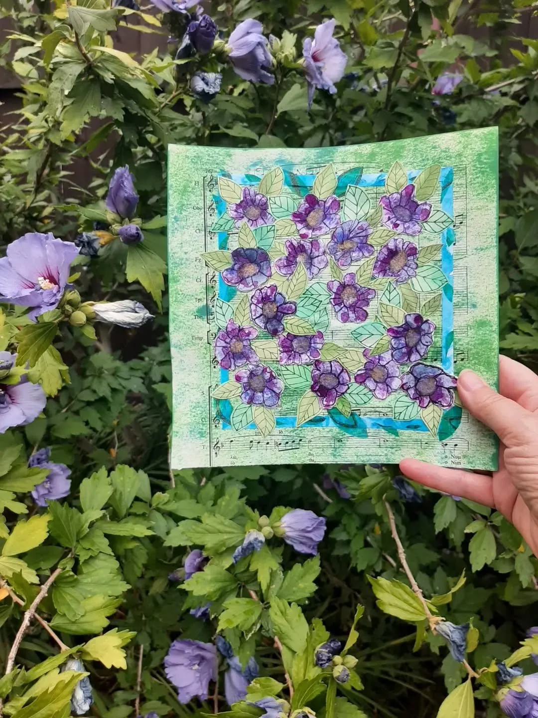It wasn't until I walked in my garden last night that I realised the #PaperCollage I'd recently created reflected the colours of my lovely #Hibiscus Bush. 
It's quite a mature bush, planted about 16 years ago just where we can see it from the lounge.