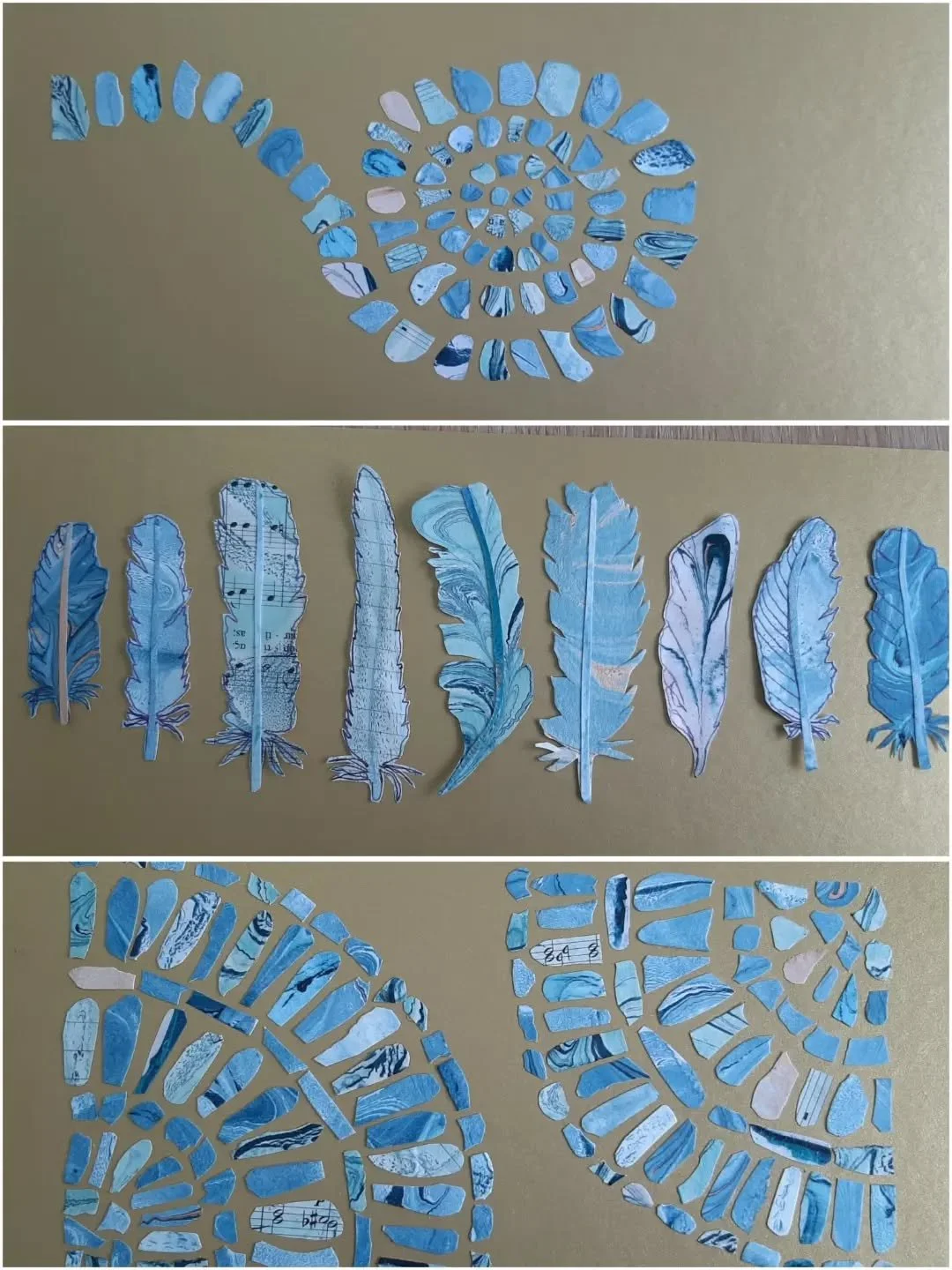 It started off with feathers and then I got more interested in the tiny offcuts, like shards of pottery. 
So two other collages began to emerge, a usual spiral and then the lovely fan shapes at the bottom. I do like the way these 3 different collages