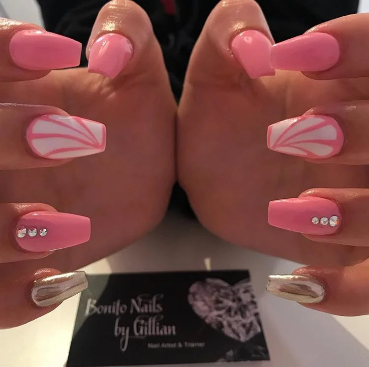 Short Pink and White Custom Acrylic Nails.