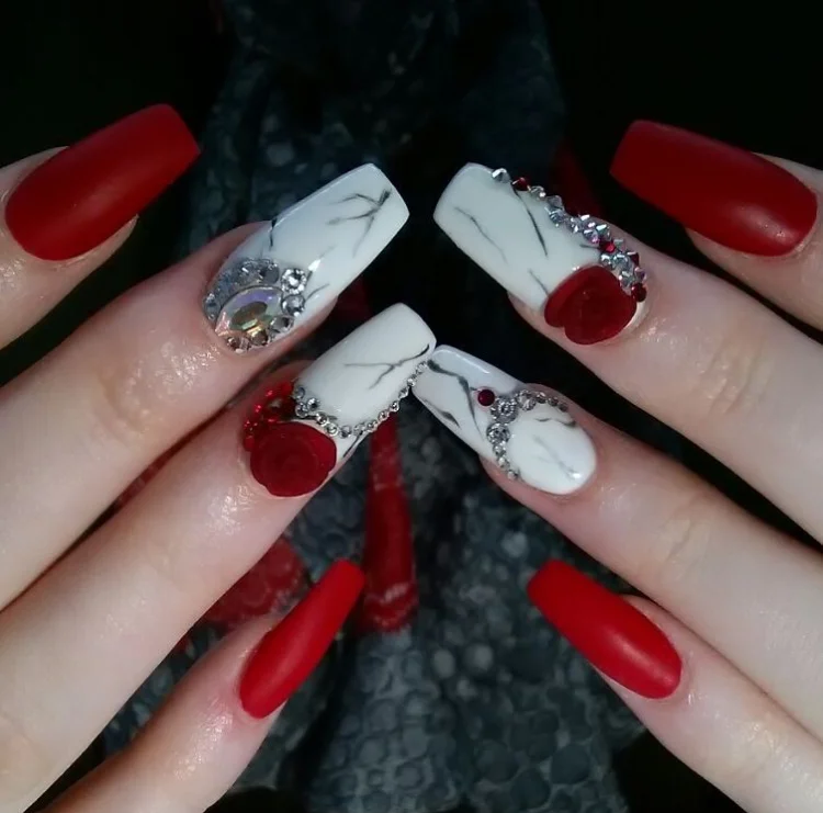 Red and White Custom Acrylic Nails.