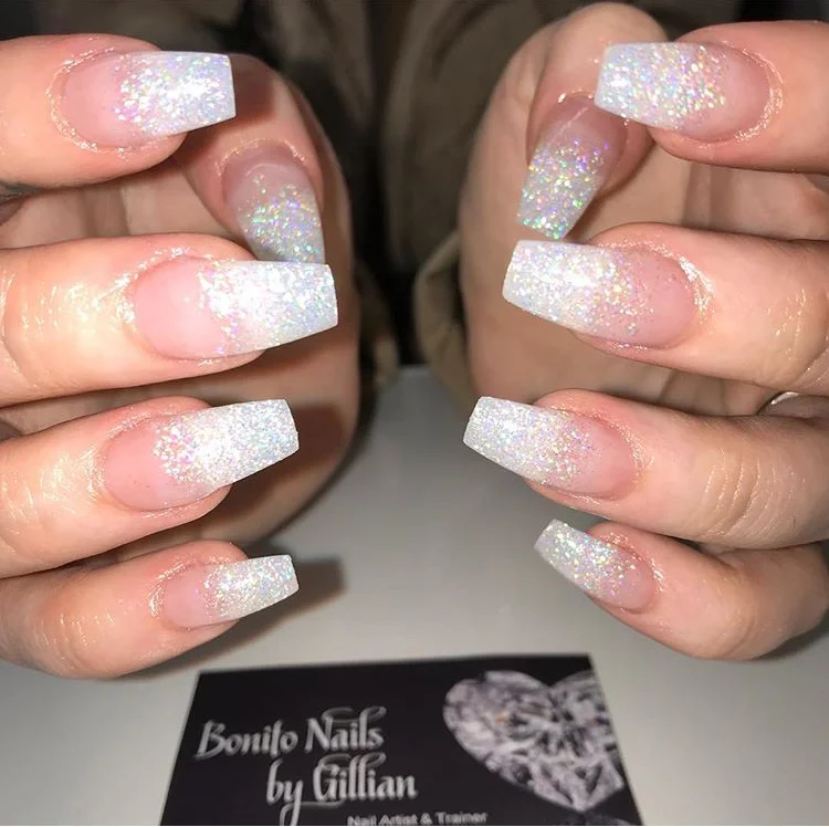 Silver Glitter Acrylic Nails.
