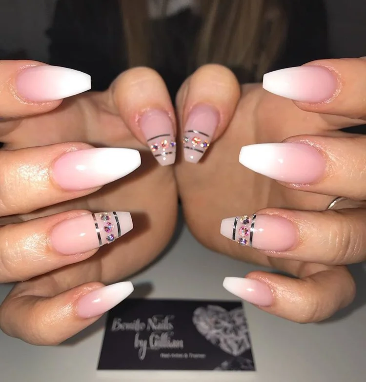 Sharp Pink and White Ombré Acrylic Nails.