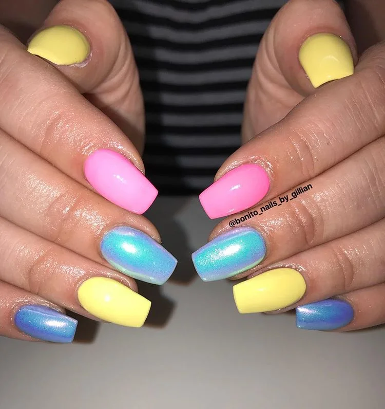 Multicoloured Spring to Summer Acrylic Nails.