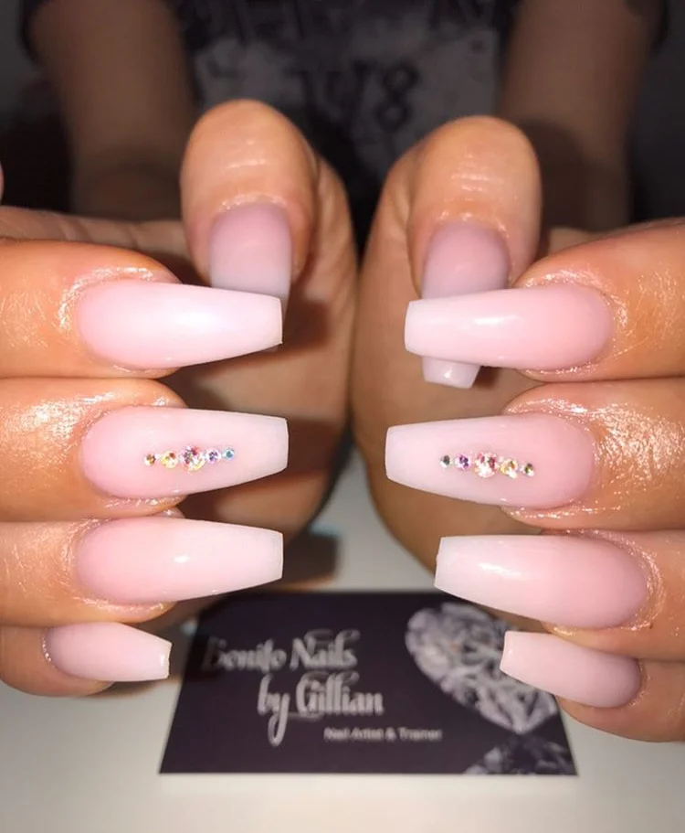 Long Pink Swarovski Acrylic Nails.