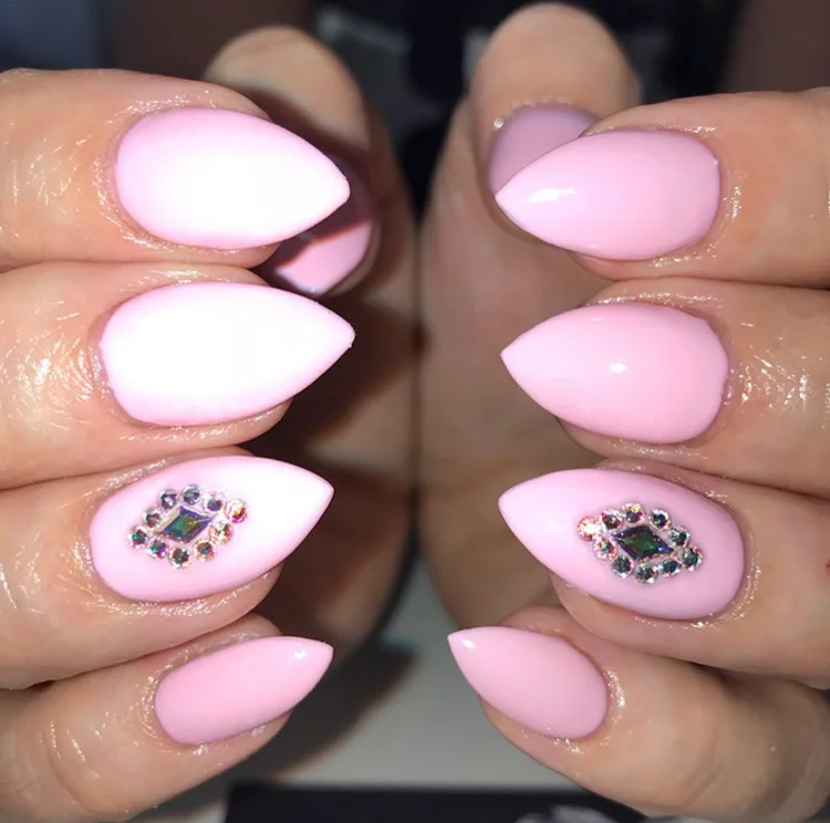 Short Bright Pink Swarovski Acrylic Nails.