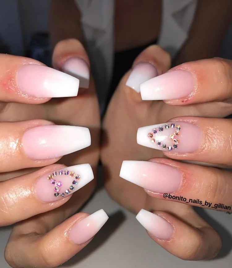 Long Pink and White Swarovski Acrylic Nails.
