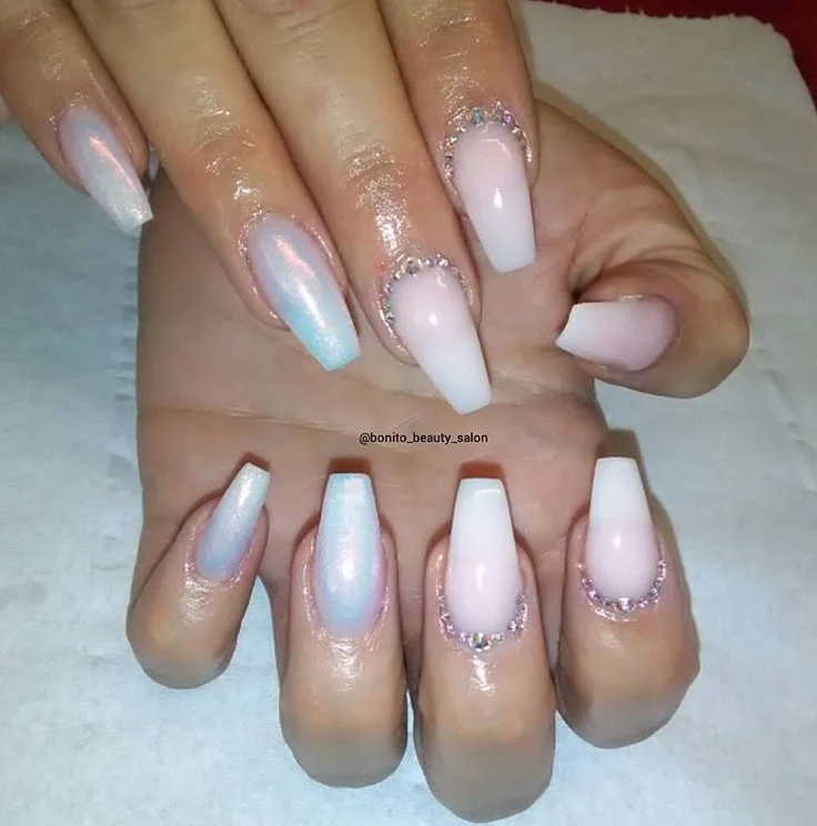 Blue and Pink Swarovski Acrylic Nails.