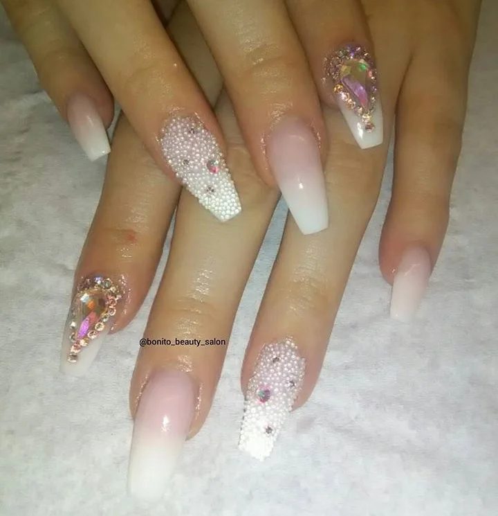 White and Pink Swarovski Acrylic Nails.