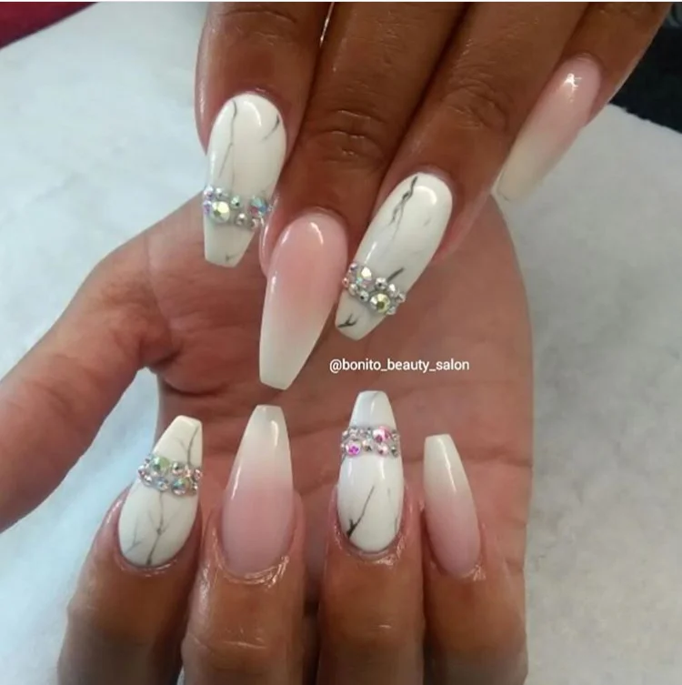 Pink and White Swarovski Acrylic Nails.