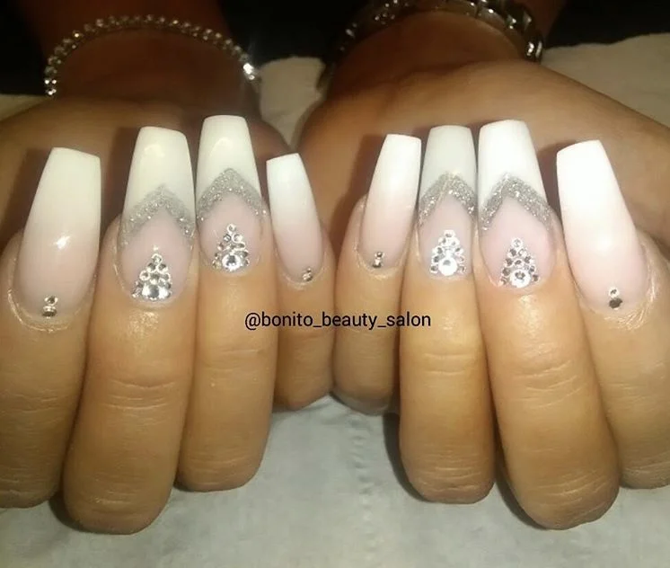 White and Silver Bespoke Acrylic Nails.
